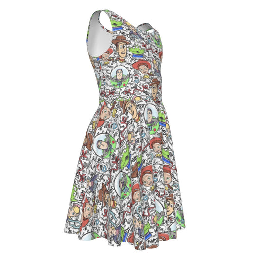 Sketch Autographs of Animated Toy Friends - Kid's Sleeveless Skater Dress