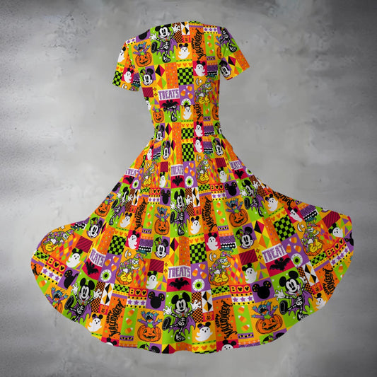 Spooky Patchwork Treats - Women's V-Neck Ruched Midi Dress