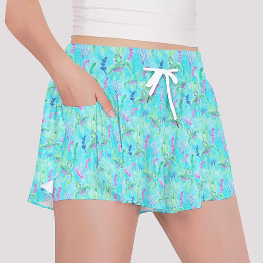 Neon Floral Baby Turtle - Girls’ Flowy Pocket Shorts