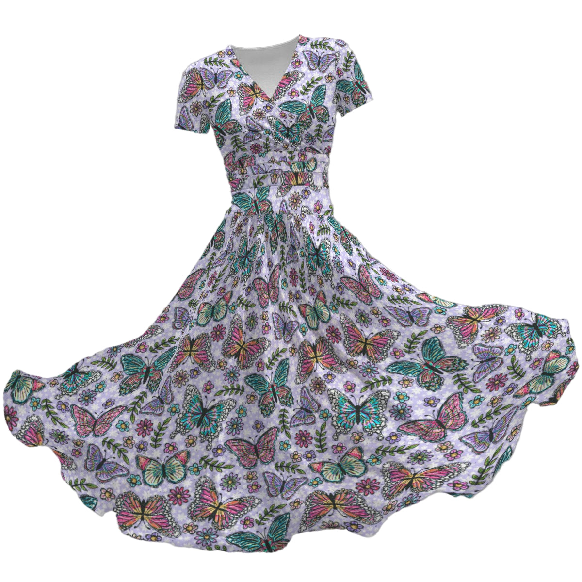 Butterfly Magic - Women's V-Neck Ruched Midi Dress