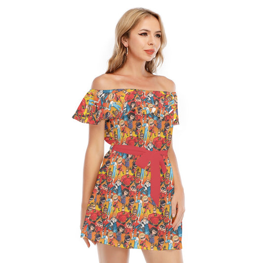 Super Squad Sketched - Women's Off-shoulder Ruffle Dress