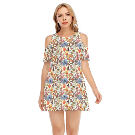 Woodland Friends Sketchched - Women's Cold Shoulder Cotton Dress