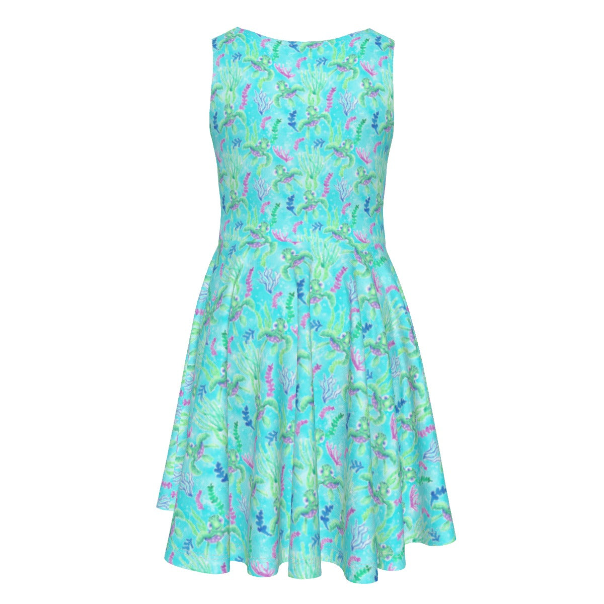 Neon Floral Baby Turtle - Kid's Sleeveless Skater Dress