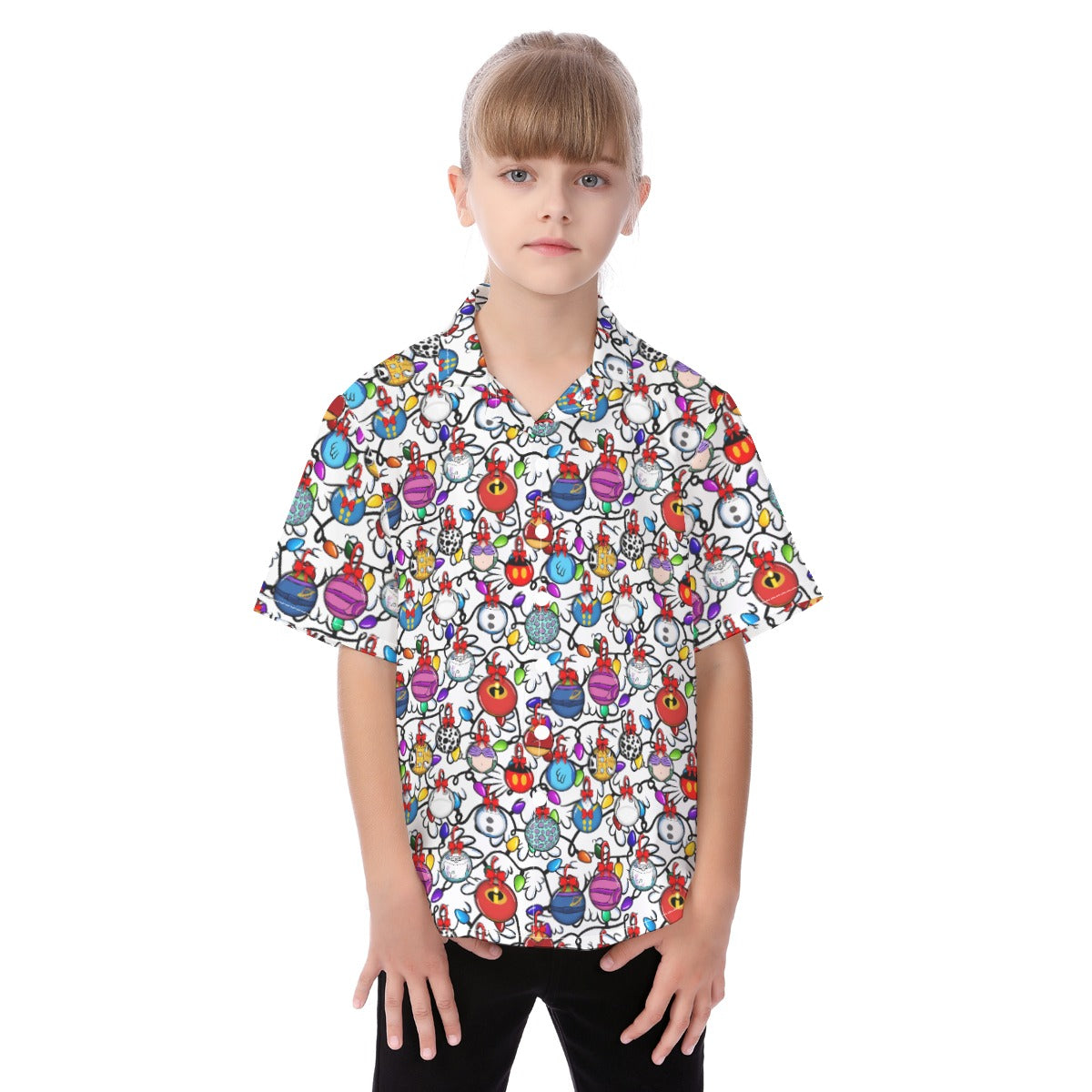 Festive Character Baubles on White - Kid's Hawaiian Button Up Shirt