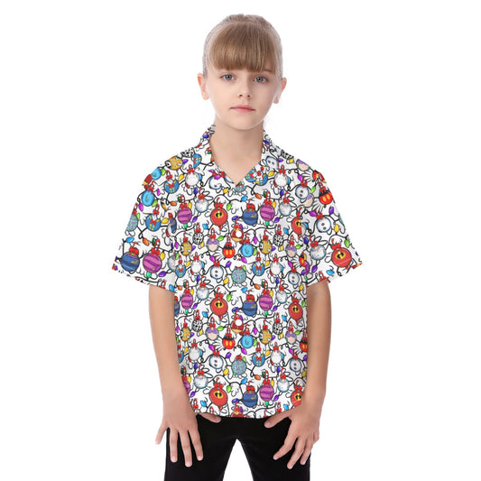Festive Character Baubles on White - Kid's Hawaiian Button Up Shirt