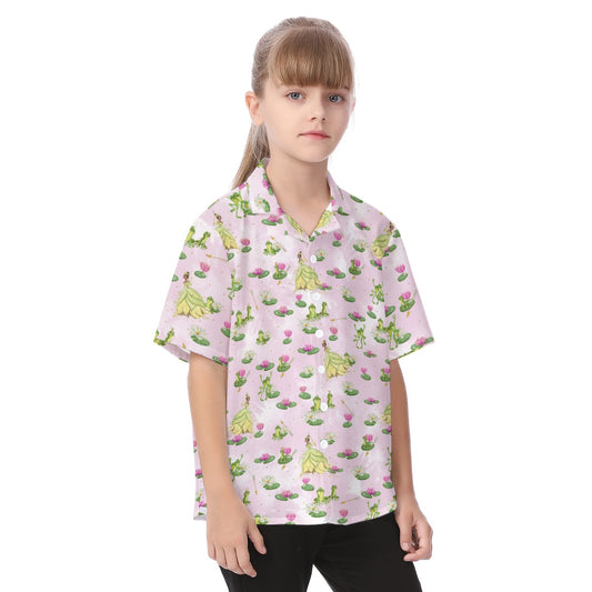 Watercolor Bayou Princess & FrogFrog - Kid's Hawaiian Button Up Shirt