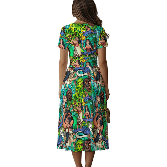 Ocean Voyager Storybook Scenes - Women's V-Neck Ruched Midi Dress