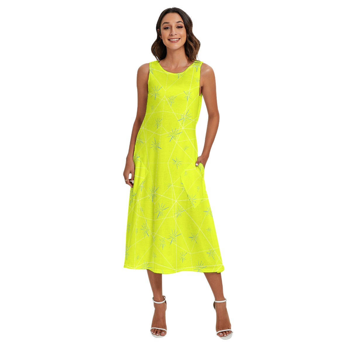 Joyful Blue & Yellow Florals - Women’s Diagonal Pocket Midi Dress