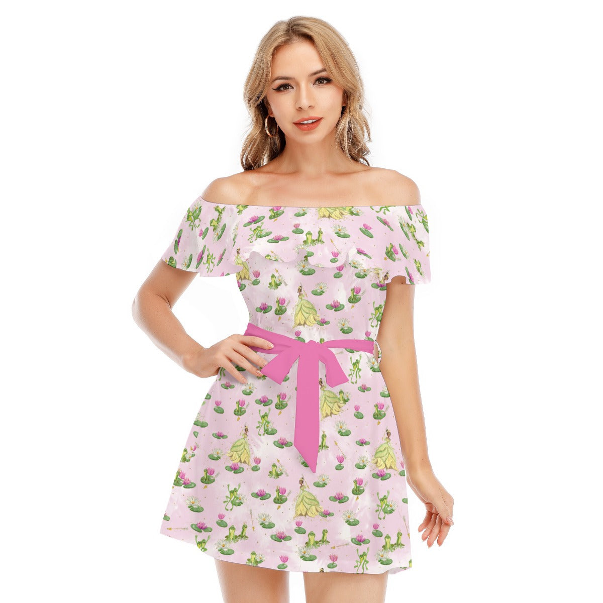Watercolor Bayou Princess & Frog - Women's Off-shoulder Ruffle Dress