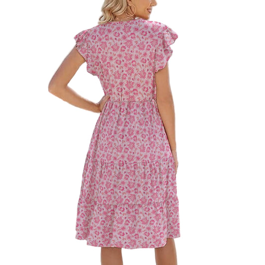 Pink Mushroom Moths - Women's Tiered Pocket Midi Dress
