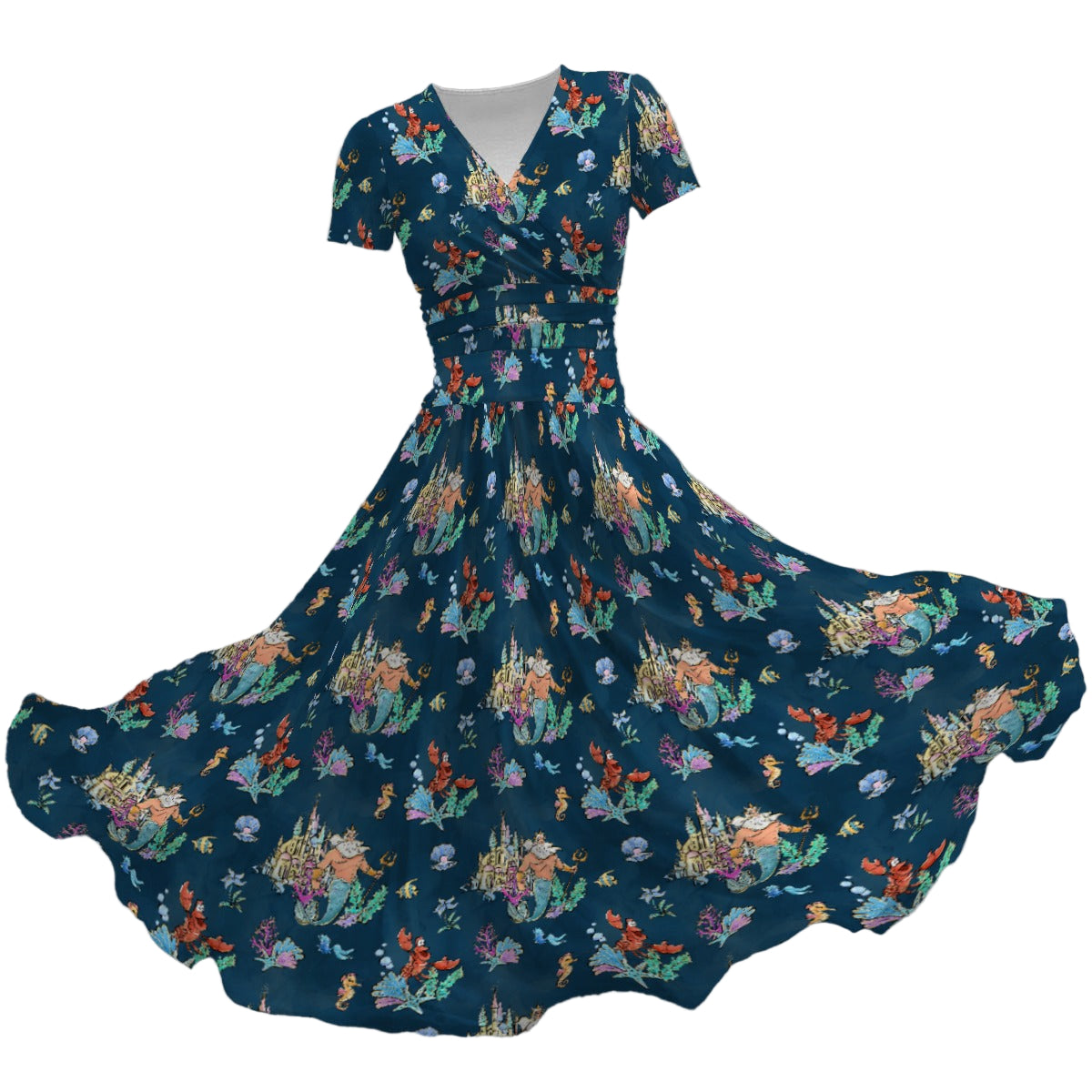 Whimsical Sea King and Crab - Women's V-Neck Ruched Midi Dress