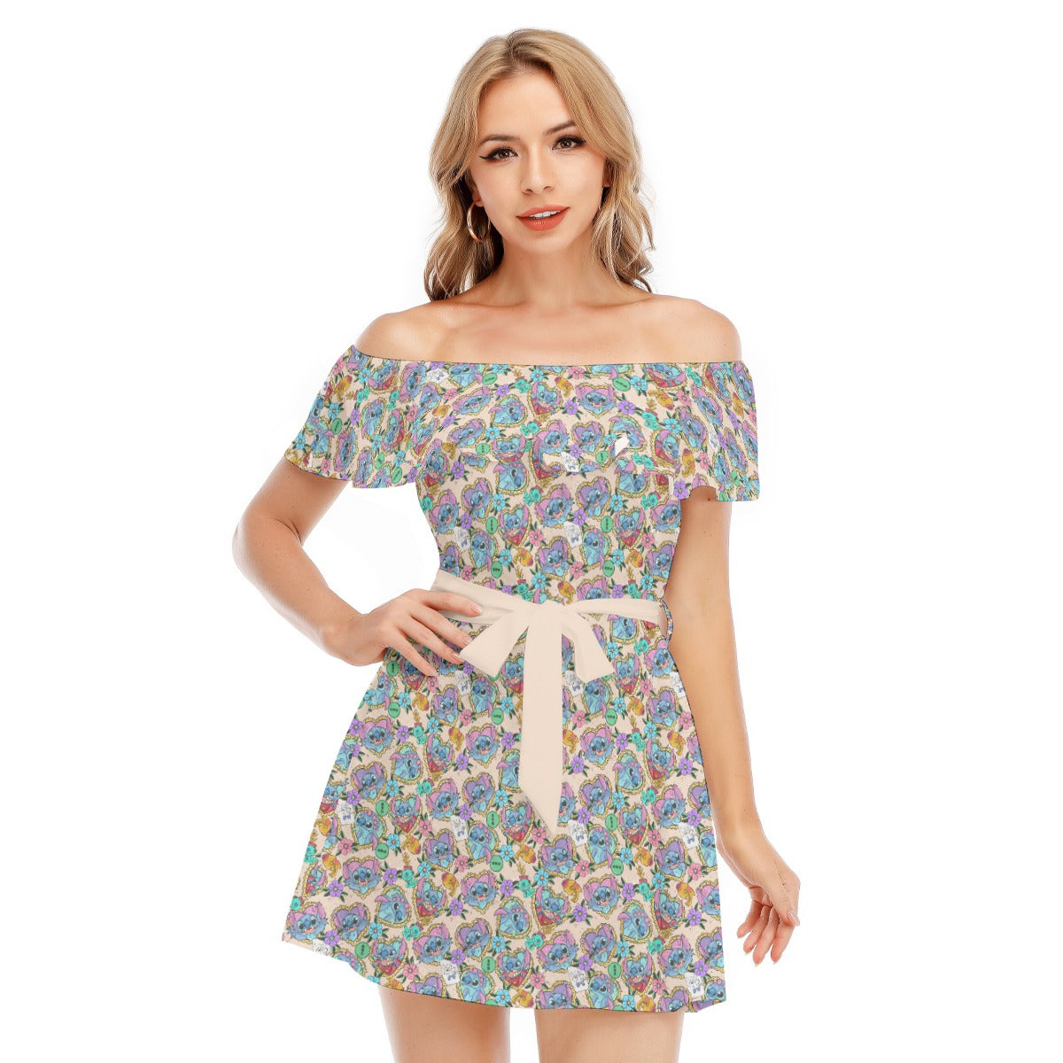 Tattoo Hearts Island Mischief - Women's Off-shoulder Ruffle Dress