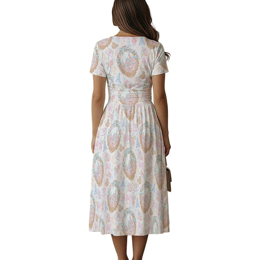 Coquette Park Daydream - Women's V-Neck Ruched Midi Dress