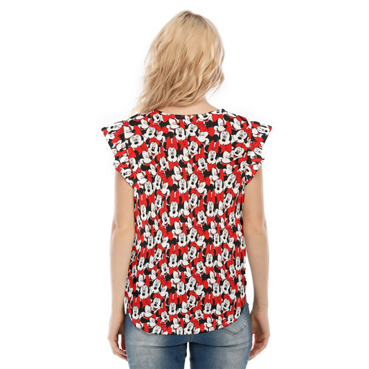 Many Faces of Polka Dot Mouse - Women’s Flutter Sleeve Top