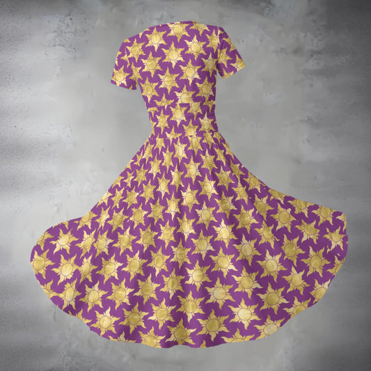 Golden Sun Symbols - Women's V-Neck Ruched Midi Dress