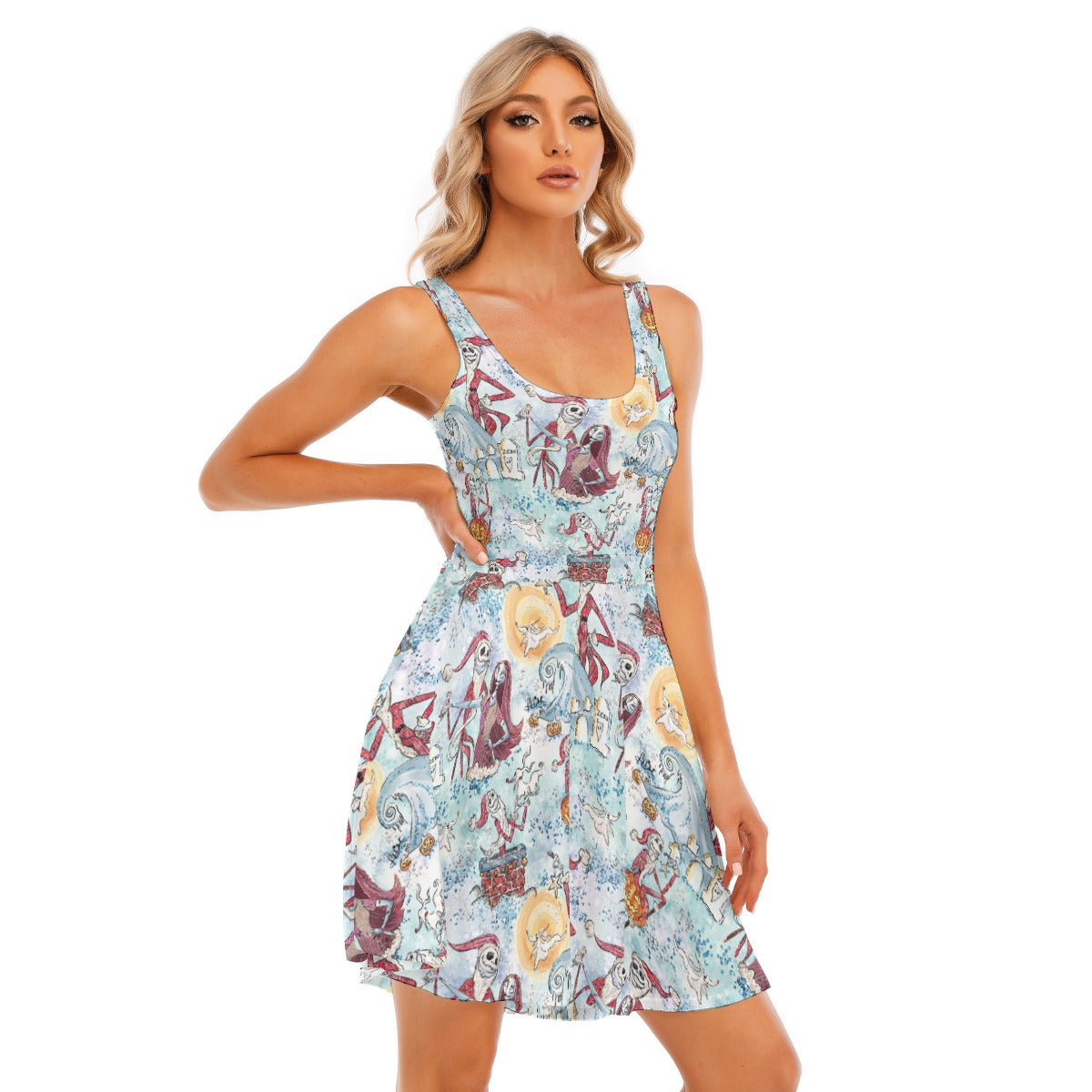 Santa Jack with Sally & Ghost Dog - Women's Sleeveless Pocket Skater Dress