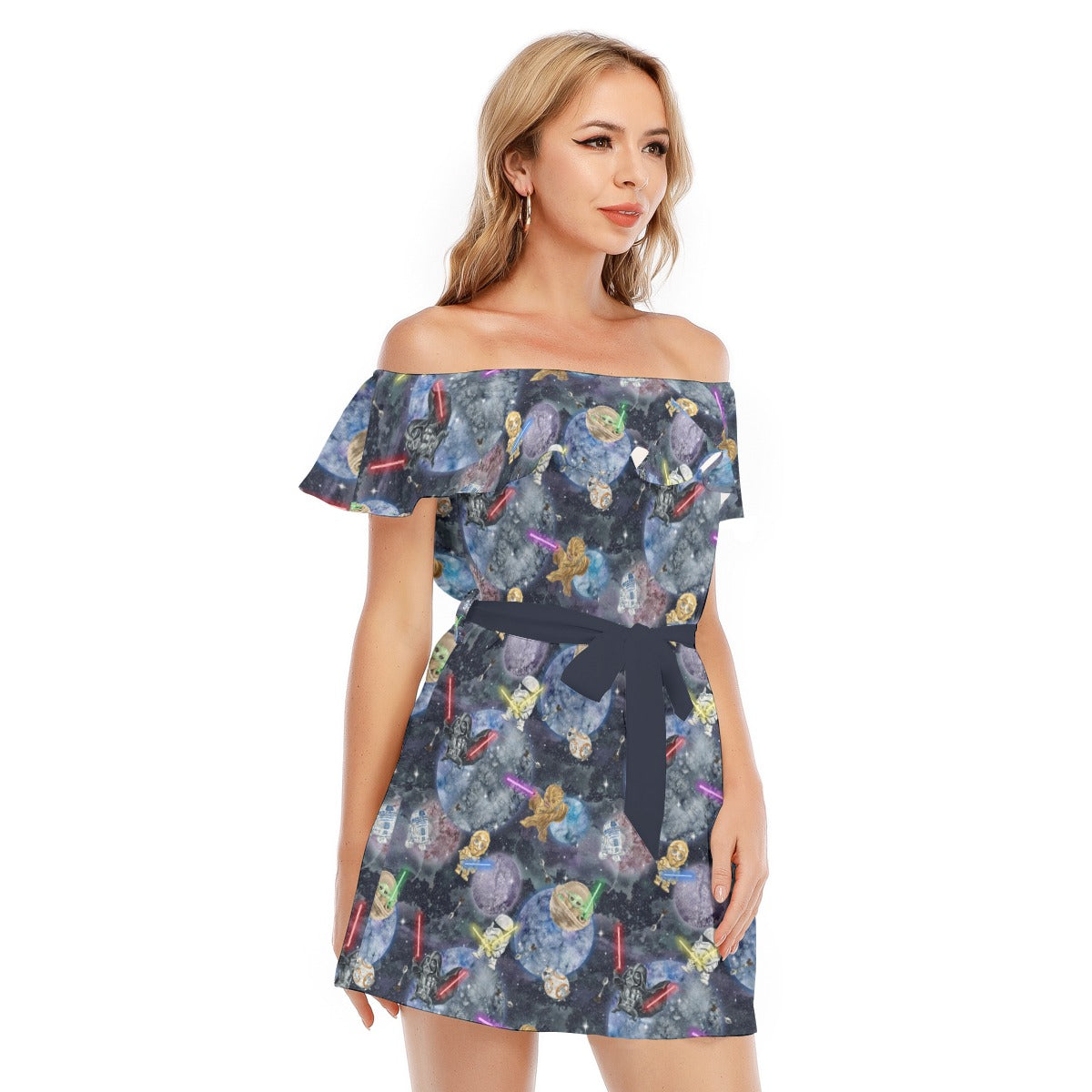 Watercolor Cosmic Battle - Women's Off-shoulder Ruffle Dress