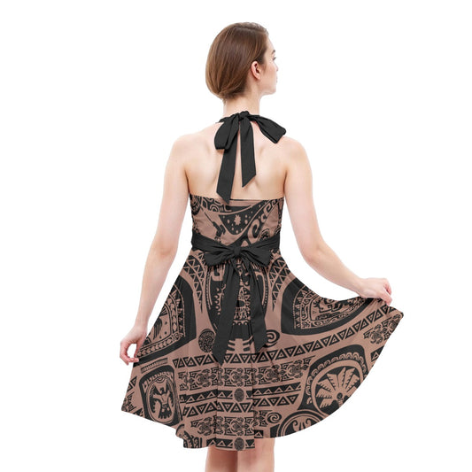 Polynesian Tattoo Motifs - Women's Halter Vintage Pocket Dress