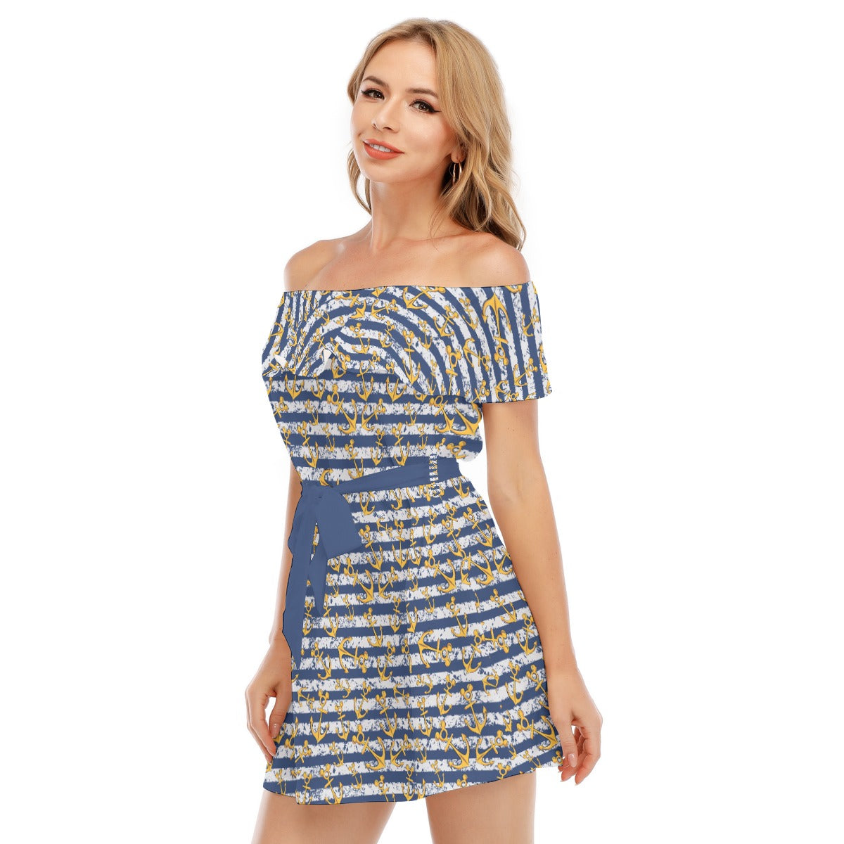 Nautical Mouse Ear Anchors - Women's Off-shoulder Ruffle Dress