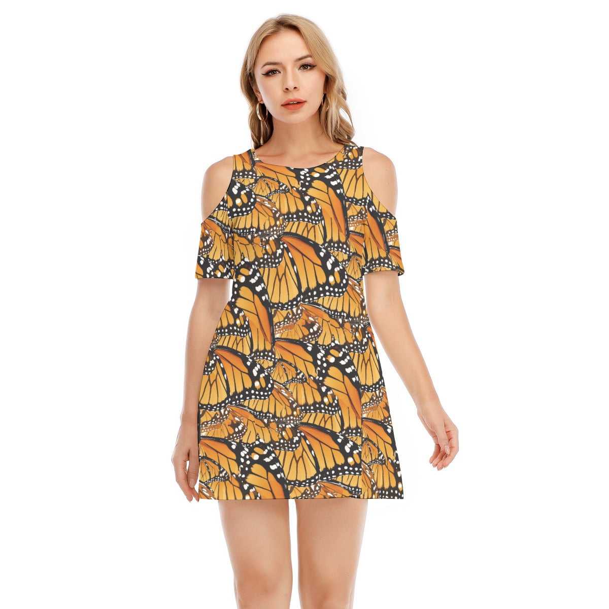 Animal Print - Monarch Butterfly - Women's Cold Shoulder Cotton Dress