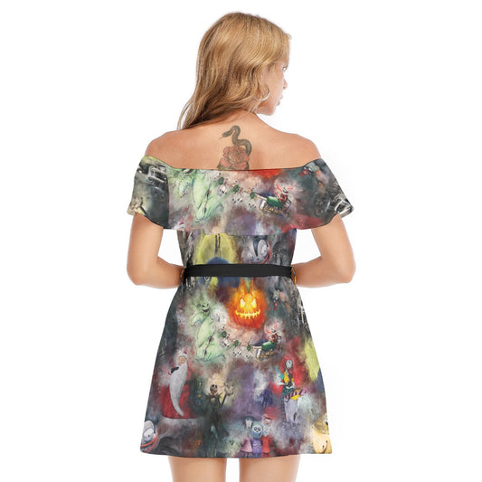 Watercolor Nightmare Town - Women's Off-shoulder Ruffle Dress