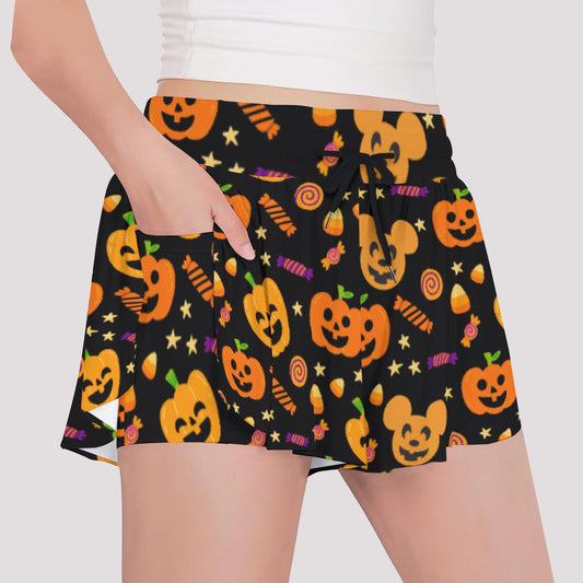 Cheerful Pumpkin Mouse Halloween - Girls’ Flowy Pocket Shorts