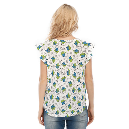 Playful Green Aliens on White - Women’s Flutter Sleeve Top