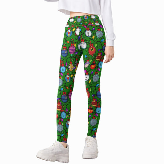 Festive Character Baubles on Green - Kid's Leggings