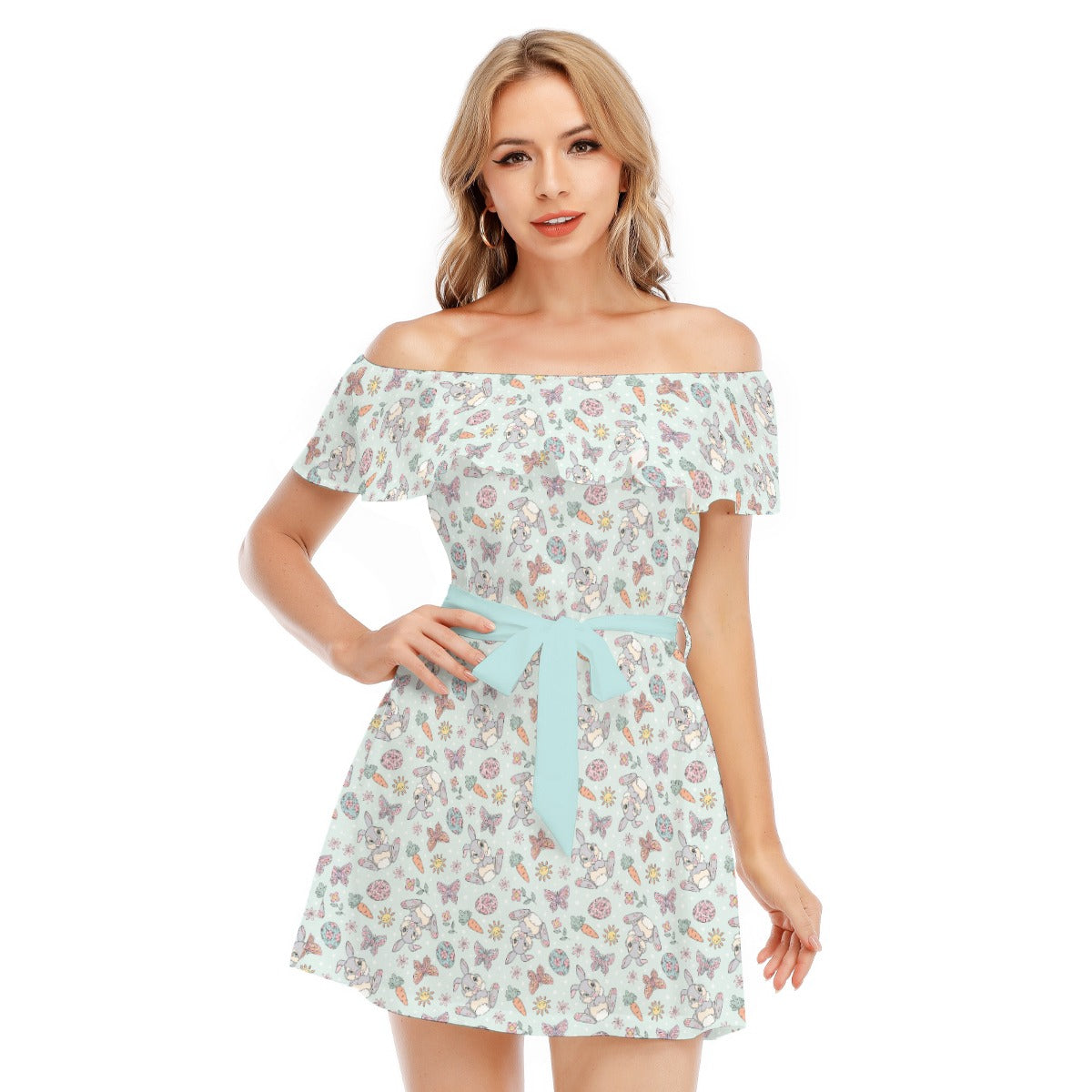 Springtime Bunny Cheer - Women's Off-shoulder Ruffle Dress