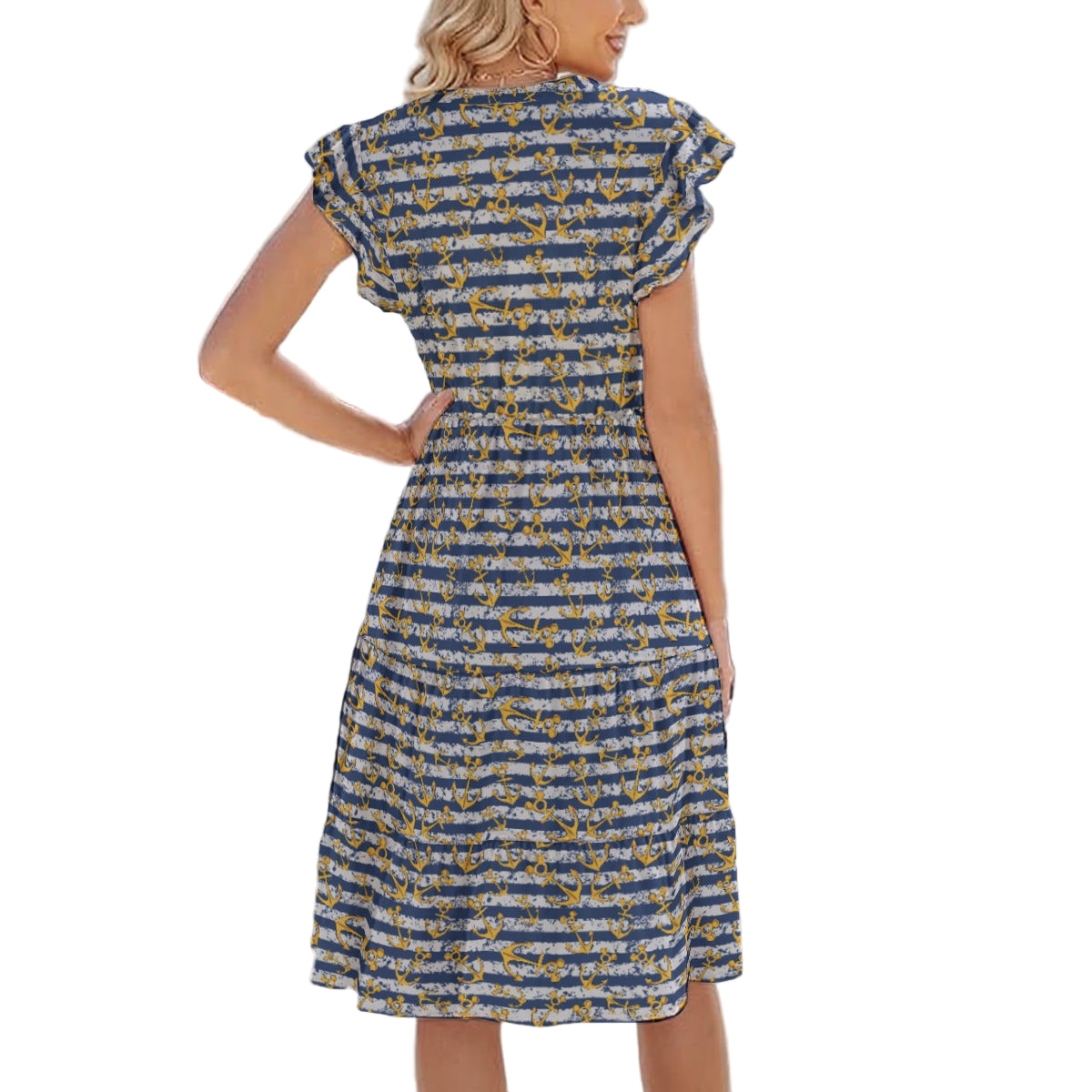 Nautical Mouse Ear Anchors - Women's Tiered Pocket Midi Dress