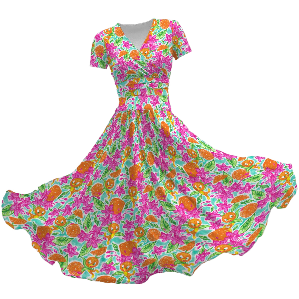 Tropical Citrus Bloom - Women's V-Neck Ruched Midi Dress