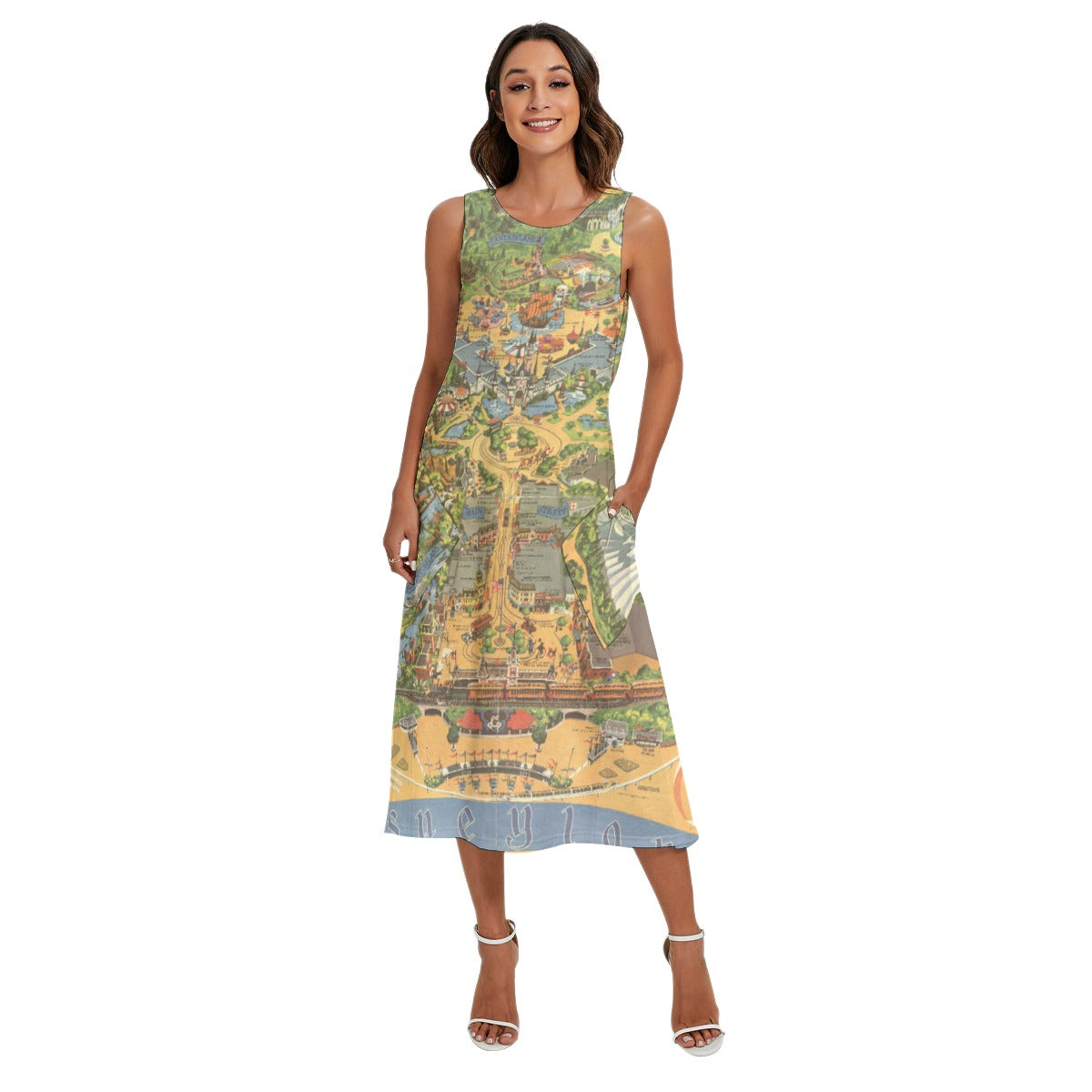 Vintage Theme Park Map - Women’s Diagonal Pocket Midi Dress