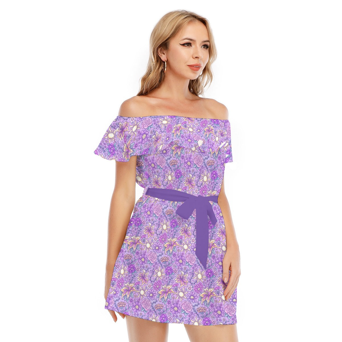 Fairytale Florals – Radiant Sunlight - Women's Off-shoulder Ruffle Dress