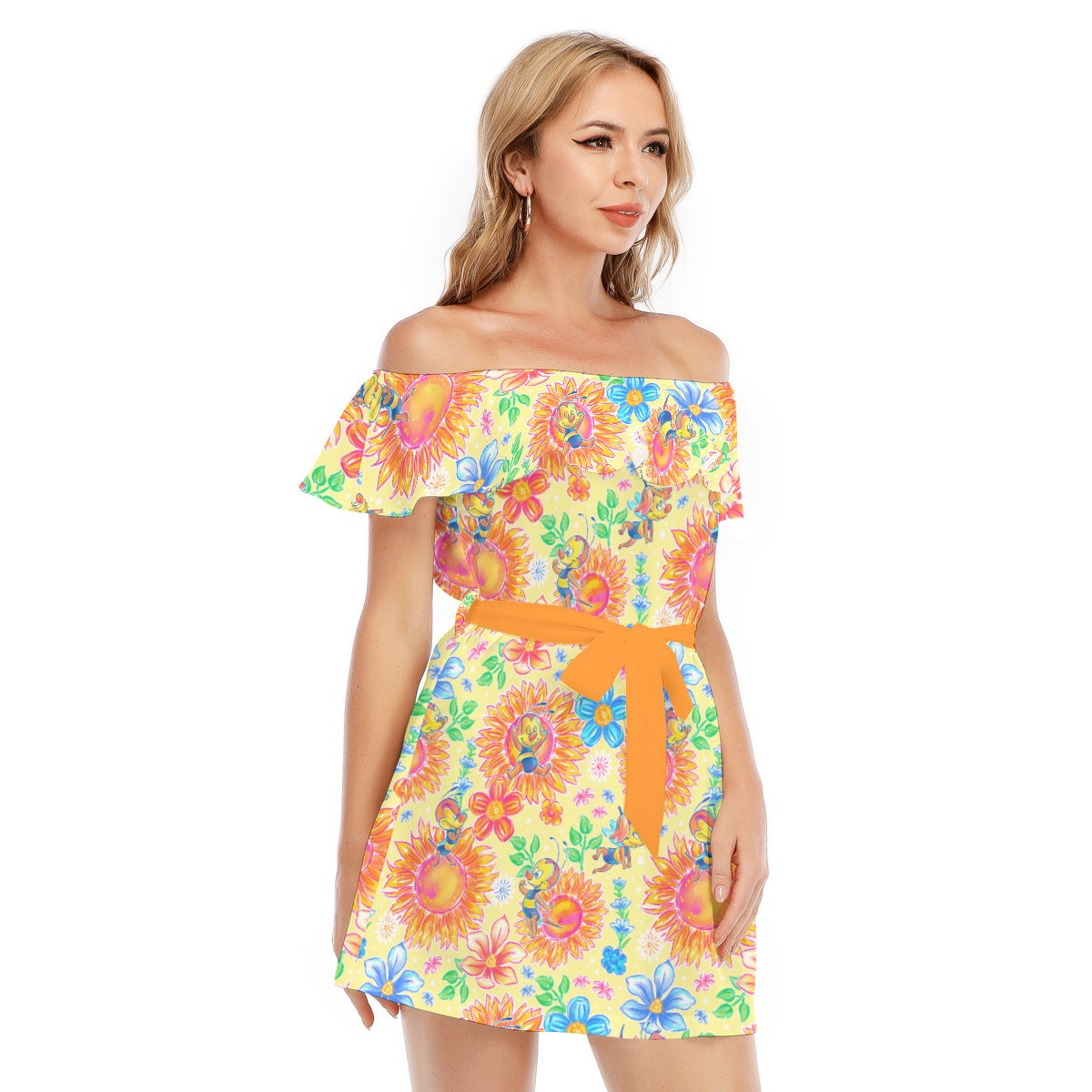 Buzzing Garden Buddy - Women's Off-shoulder Ruffle Dress