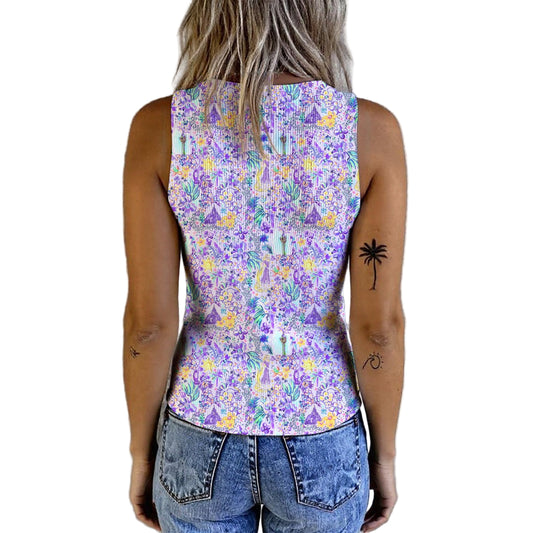 Bright Tropical Princess - Rapunzel - Women's Ribbed Button Tank Top