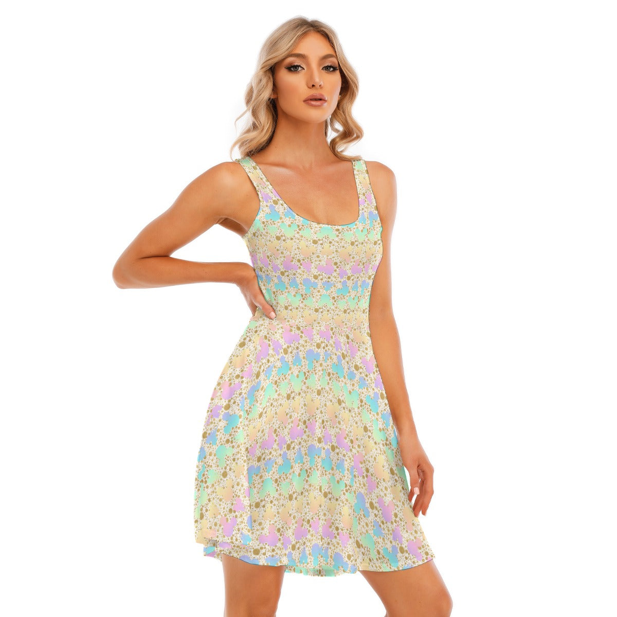 Gold Dot Rainbow Mouse Ears Castle - Women's Sleeveless Pocket Skater Dress