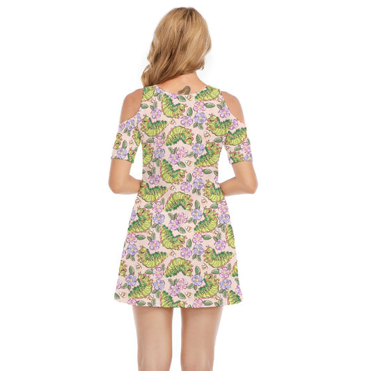 Cheerful Caterpillar Garden - Women's Cold Shoulder Cotton Dress