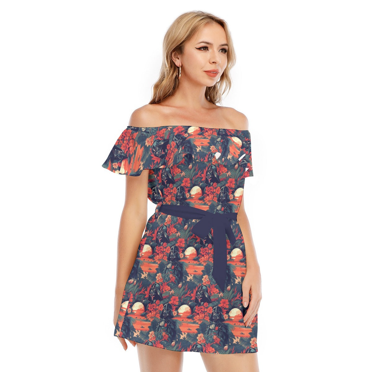 Tropical Dark Side Escape - Women's Off-shoulder Ruffle Dress
