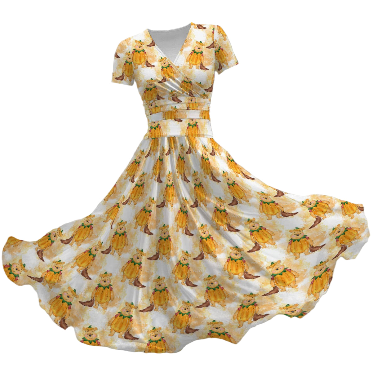 Pumpkin Bear Mischief - Women's V-Neck Ruched Midi Dress