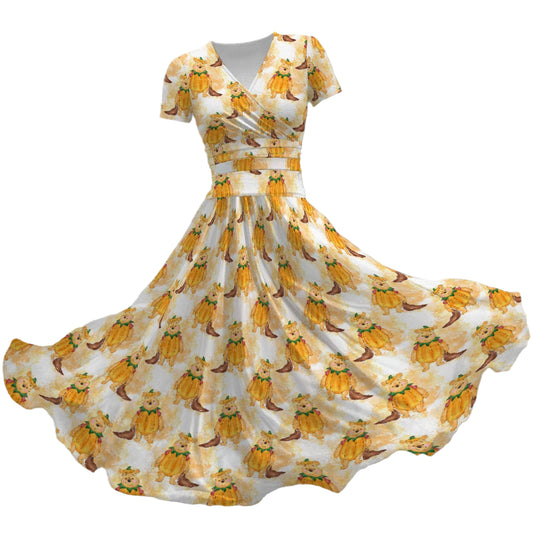 Pumpkin Bear Mischief - Women's V-Neck Ruched Midi Dress