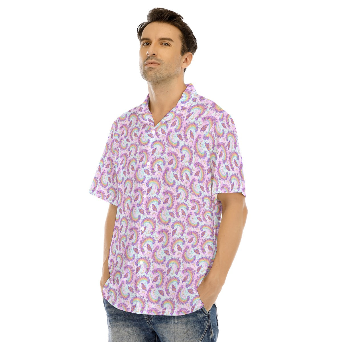 Monarch Butterflies & Rainbows - Men's Hawaiian Button Up Shirt