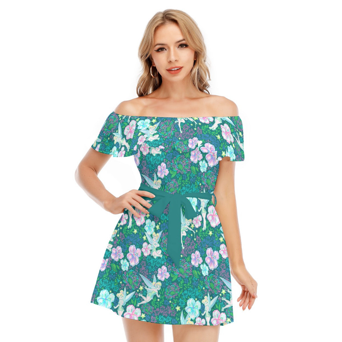 Pixie in Neon Blooms - Women's Off-shoulder Ruffle Dress