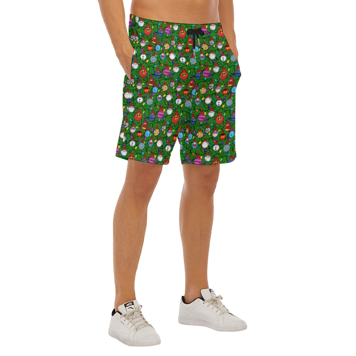 Festive Character Baubles on Green - Men’s Pocket Beach Shorts