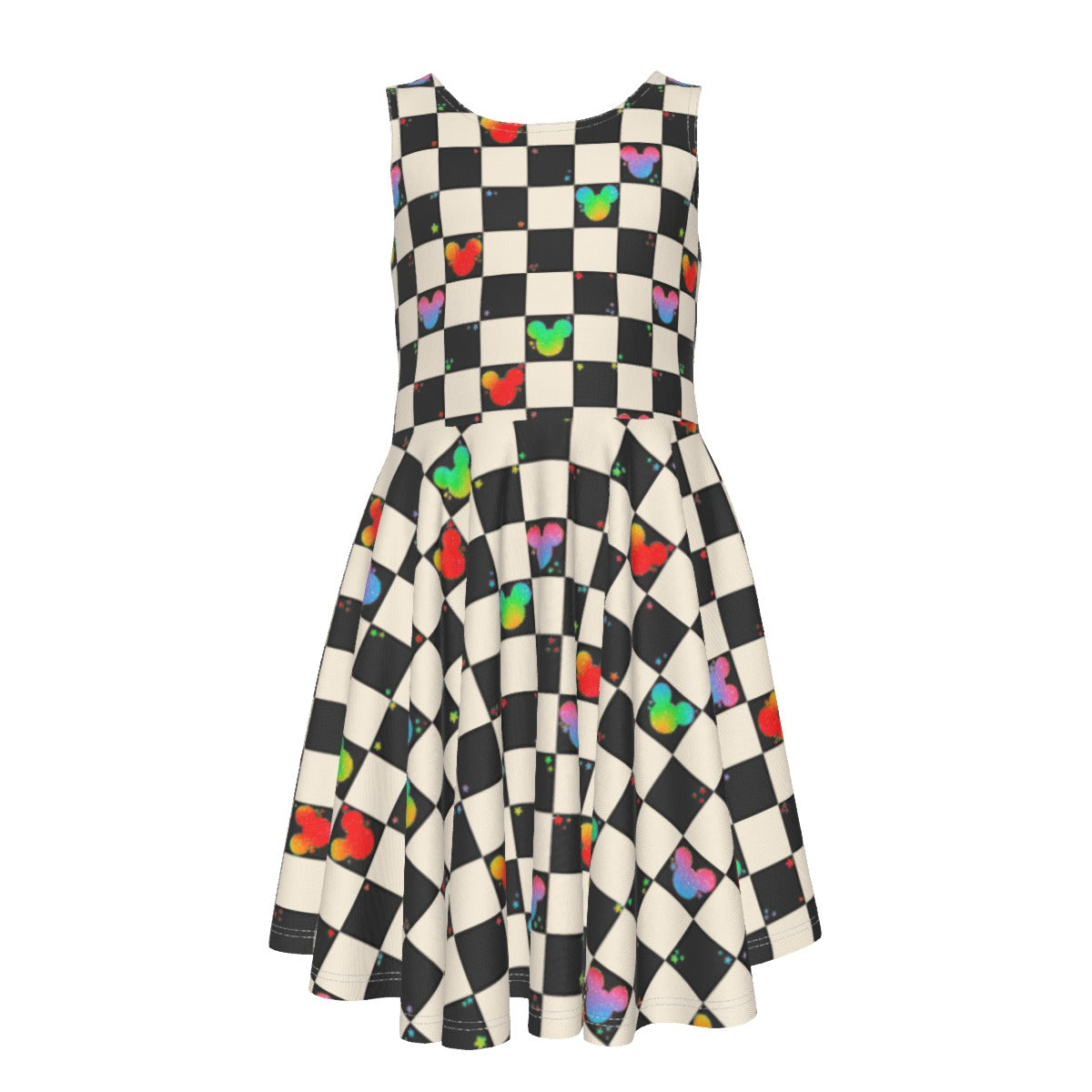 Rainbow Checker Mouse Ears - Kid's Sleeveless Skater Dress