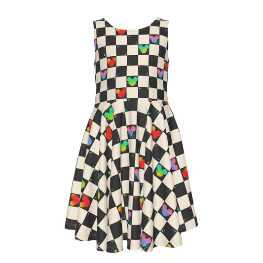 Rainbow Checker Mouse Ears - Kid's Sleeveless Skater Dress