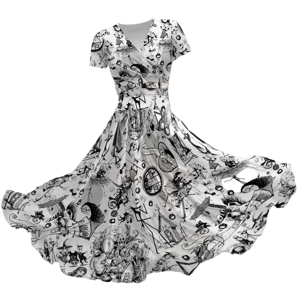 Nightmare Halloween Sketches - Women's V-Neck Ruched Midi Dress