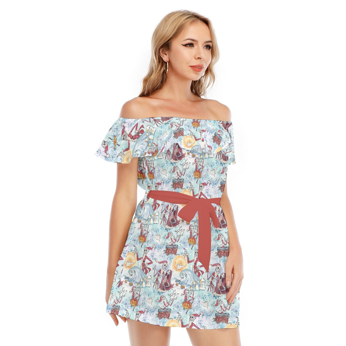 Santa Jack with Sally & Ghost Dog - Women's Off-shoulder Ruffle Dress