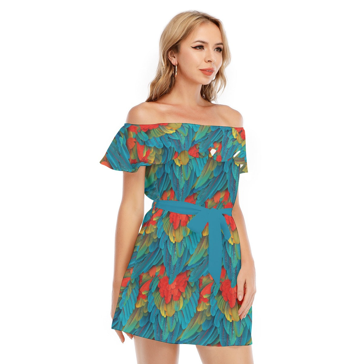 Animal Print - Macaw Parrot - Women's Off-shoulder Ruffle Dress