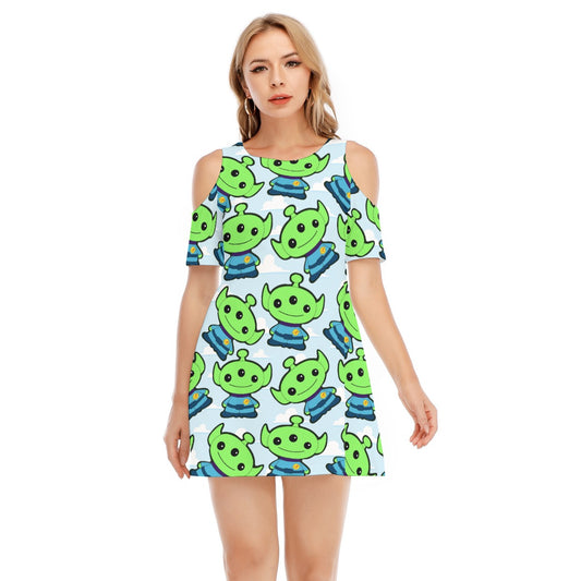 Little Green Space Aliens - Women's Cold Shoulder Cotton Dress