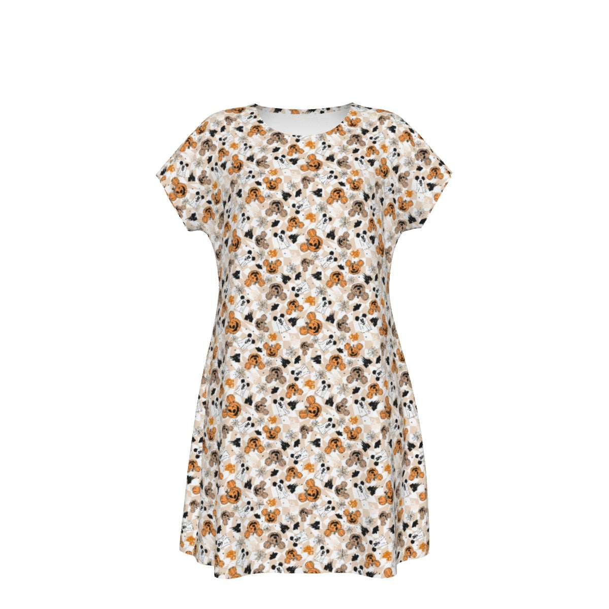Checkered Halloween Ghosts & Pumpkins - Women's T-Shirt Dress
